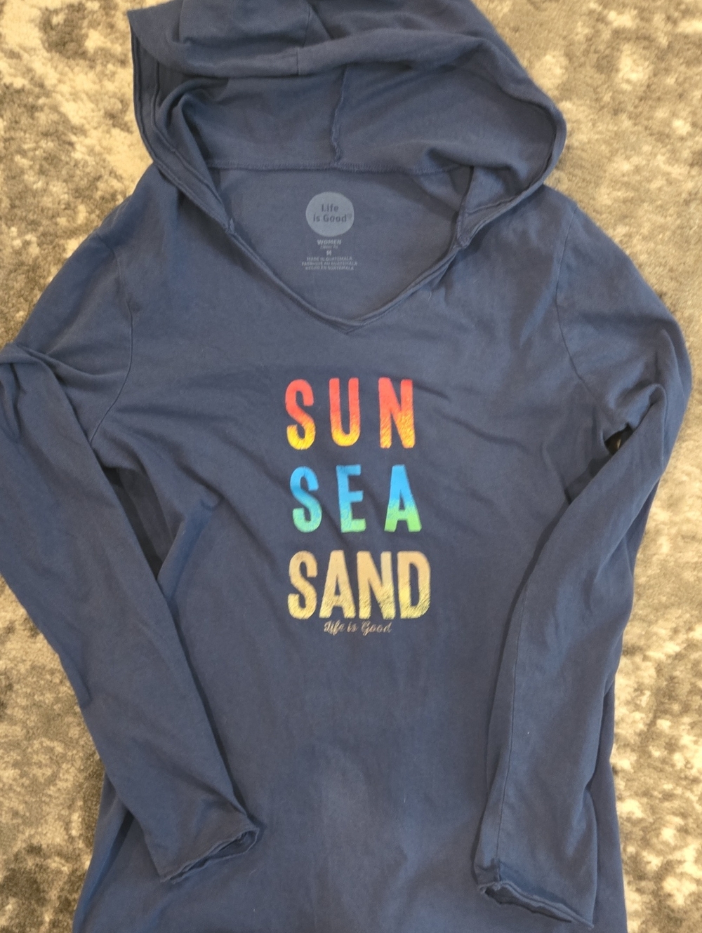 Life Is Good Navy Hoodie with Rainbow SUN SEA SAND Print